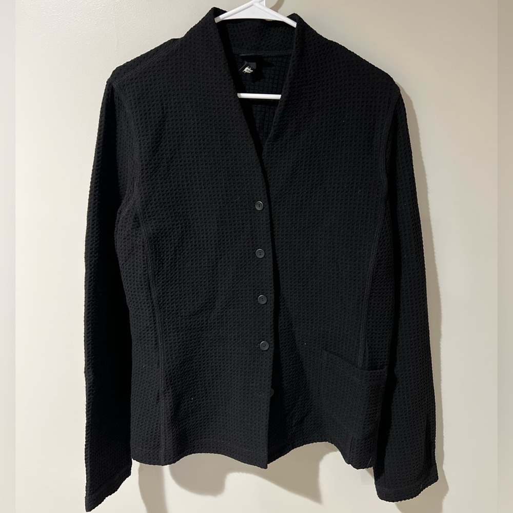 Women’s Eileen Fisher Black Waffle Knit Sweater Pockets Black Knit Cardigan Coat